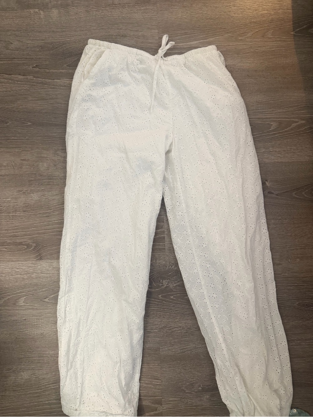 Women's White Eyelet Straight-Leg Drawstring Pants